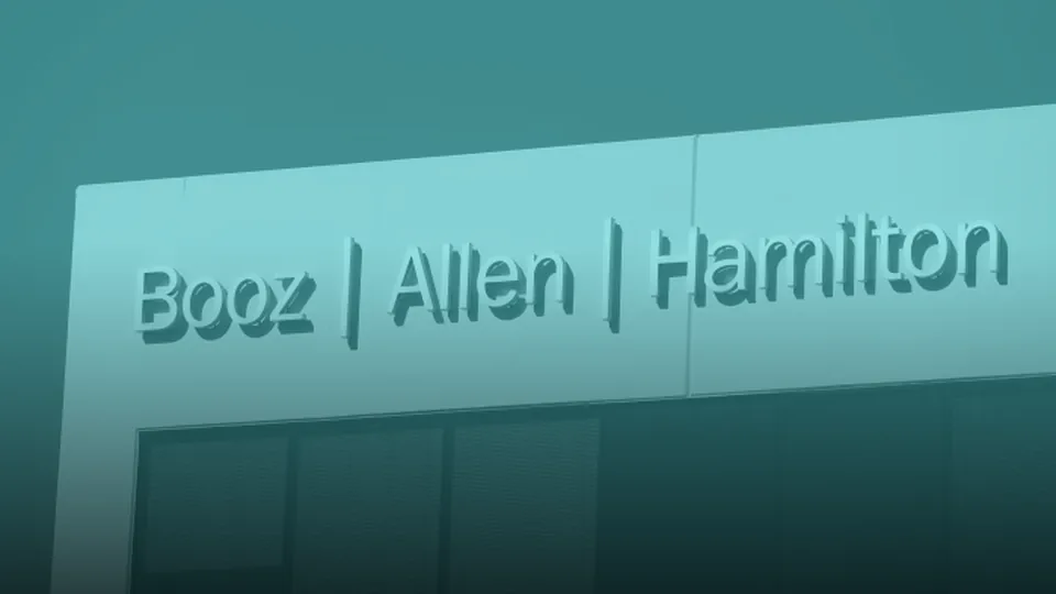 A colorized image of the Booz Allen Hamilton logo on a building