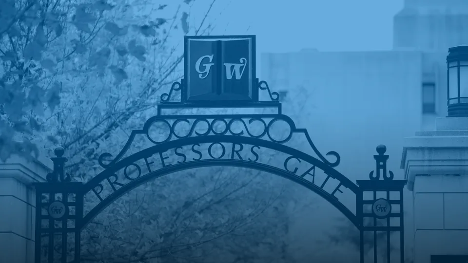 A colorized image of the GW Professors Gate