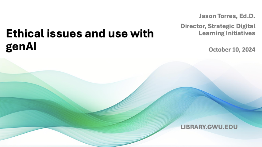Slide deck for a workshop addressing ethical challengees with AI, identifying government guidance, and ethical scenarios with AI use.
