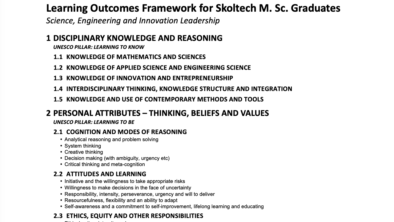 The high level learning outcomes framework that guided the education program